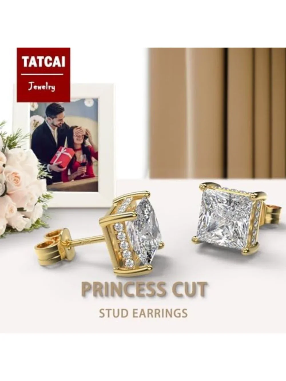 Elegant Princess Cut Square Cubic Zirconia Stud Earrings for Men - Stylish Gift